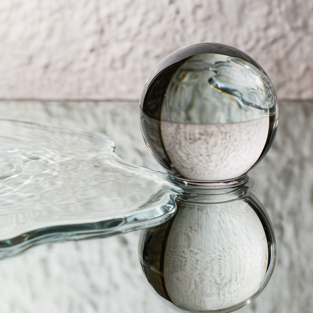 A clear glass sphere sitting on a mirror surface near a pool