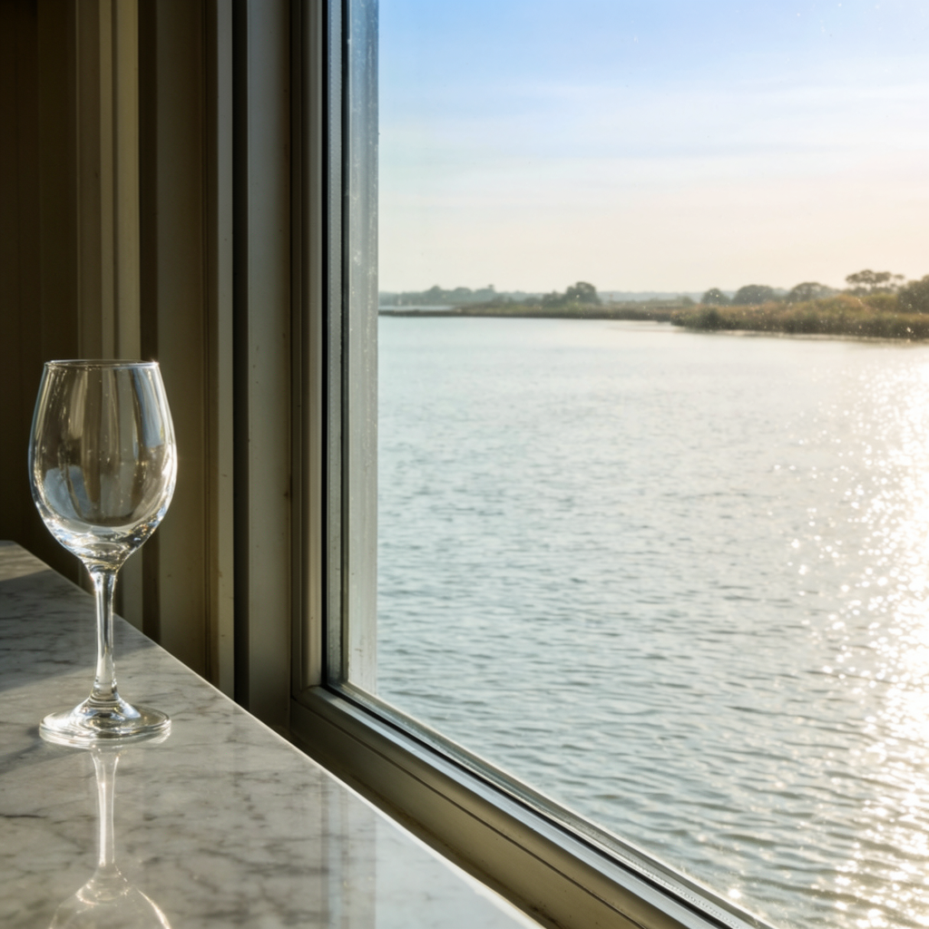A crystal wine glass on a polished marble counter next to a 