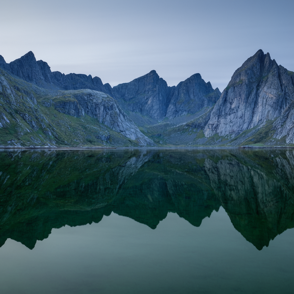 A mountain range reflected in a still alpine lake, with the 
