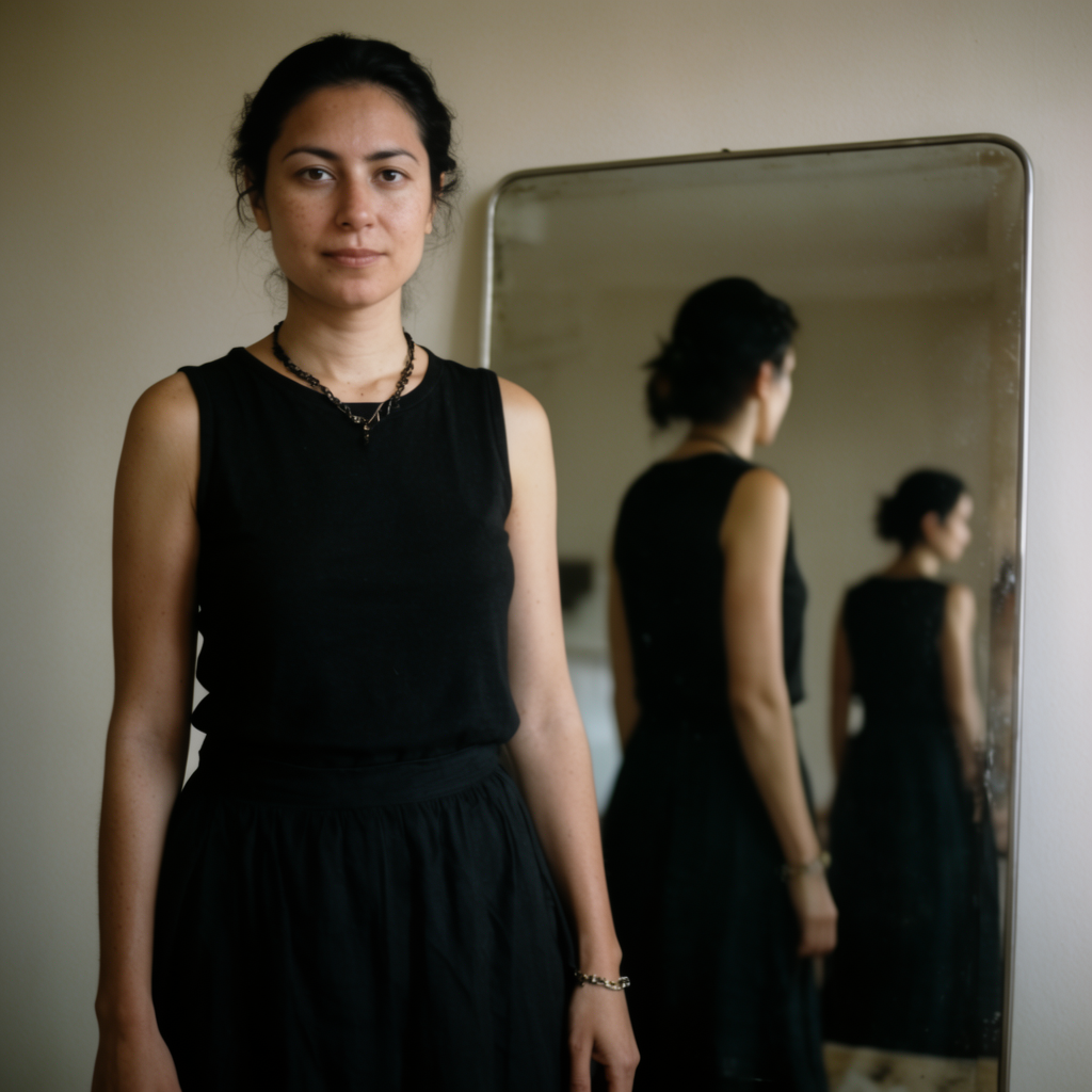 A woman standing in front of a full-length mirror, her refle
