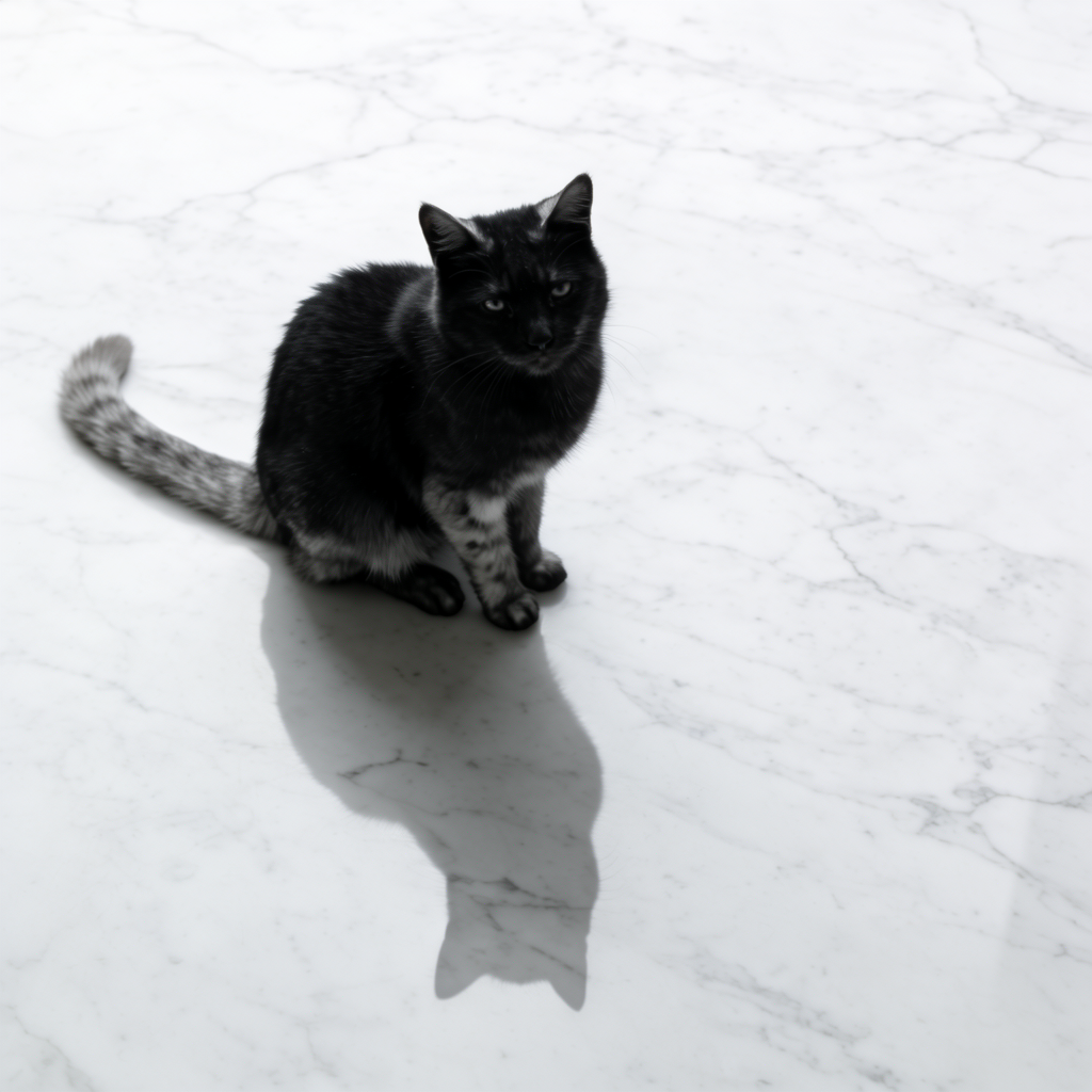 A cat sitting on a polished marble floor with its reflection