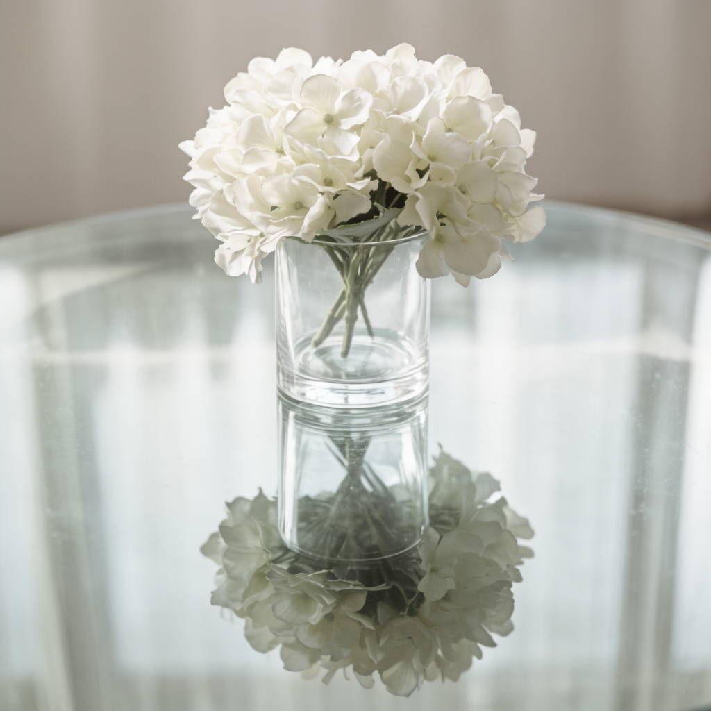 A vase of flowers on a glass table with a clear reflection v