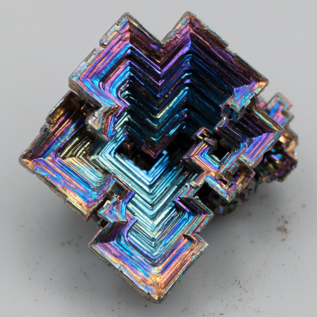 A specimen of bismuth crystal showing accurate iridescent ox