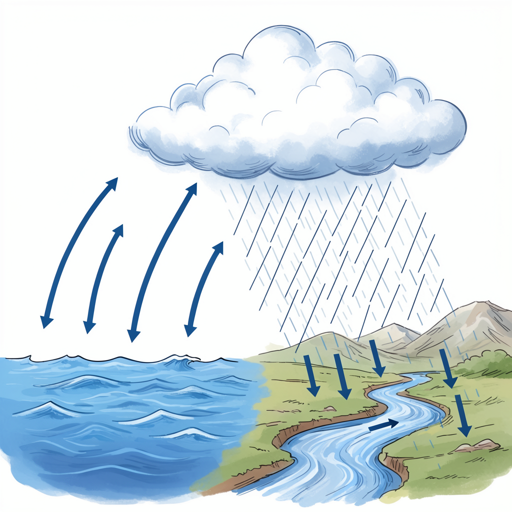 A detailed diagram of the water cycle showing evaporation fr