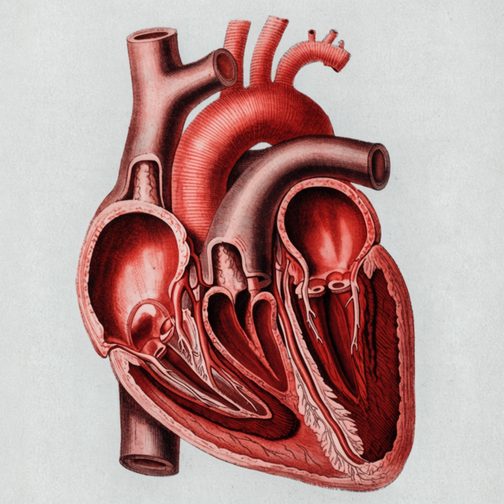 An anatomical illustration of the human heart showing four c