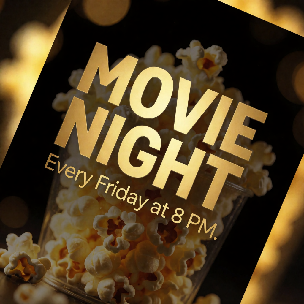 A movie night poster with a large popcorn image in the cente
