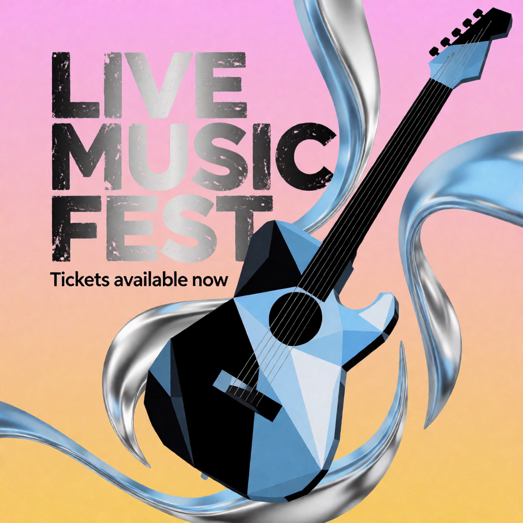 An event poster featuring a guitar illustration, the headlin