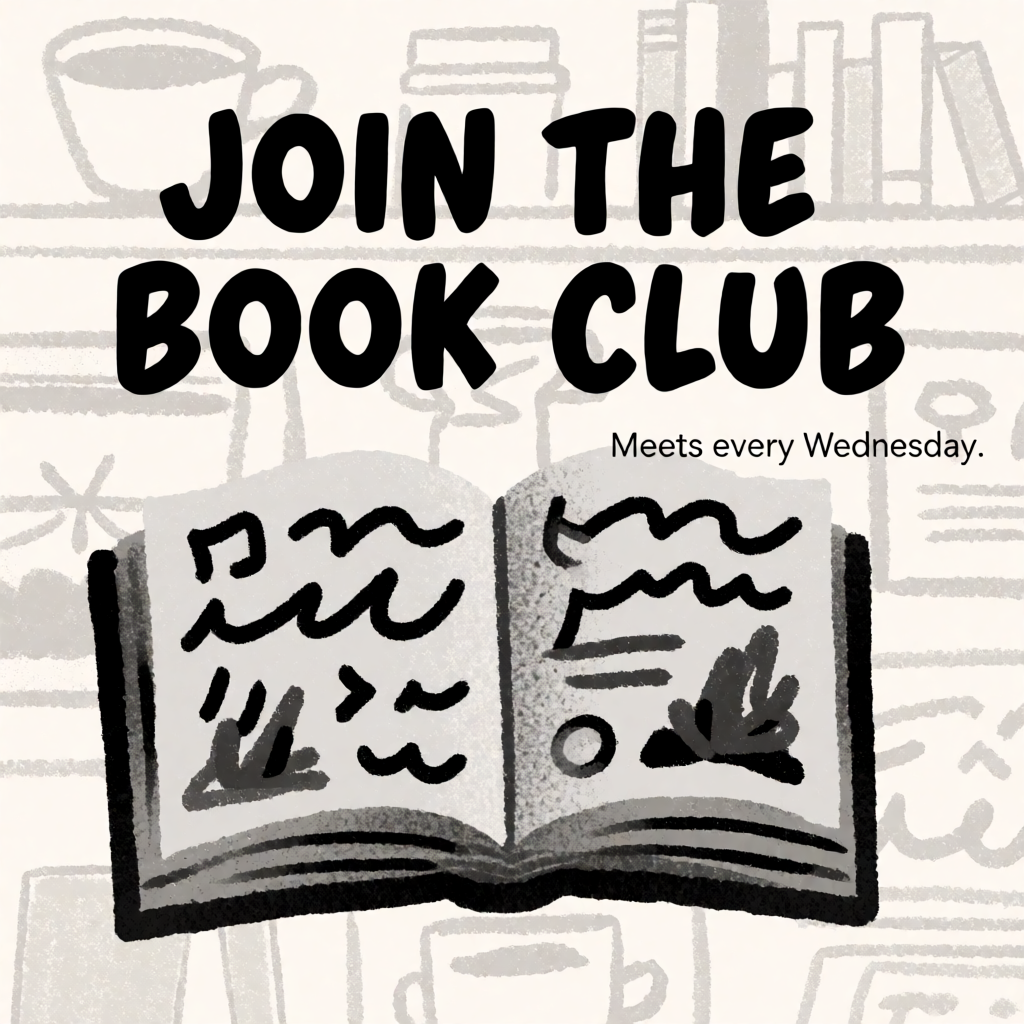 A book club poster with an open book illustration, the title