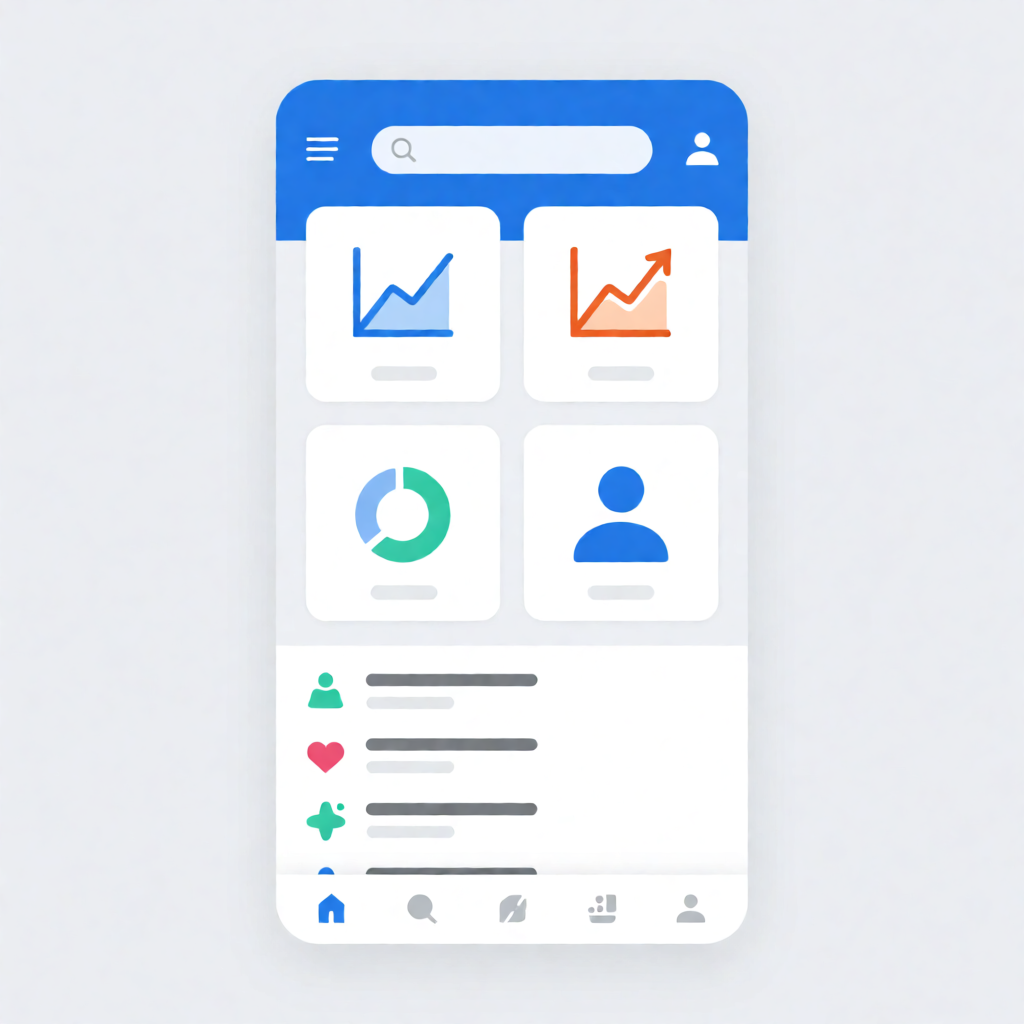A mobile app UI mockup showing a dashboard with a top naviga