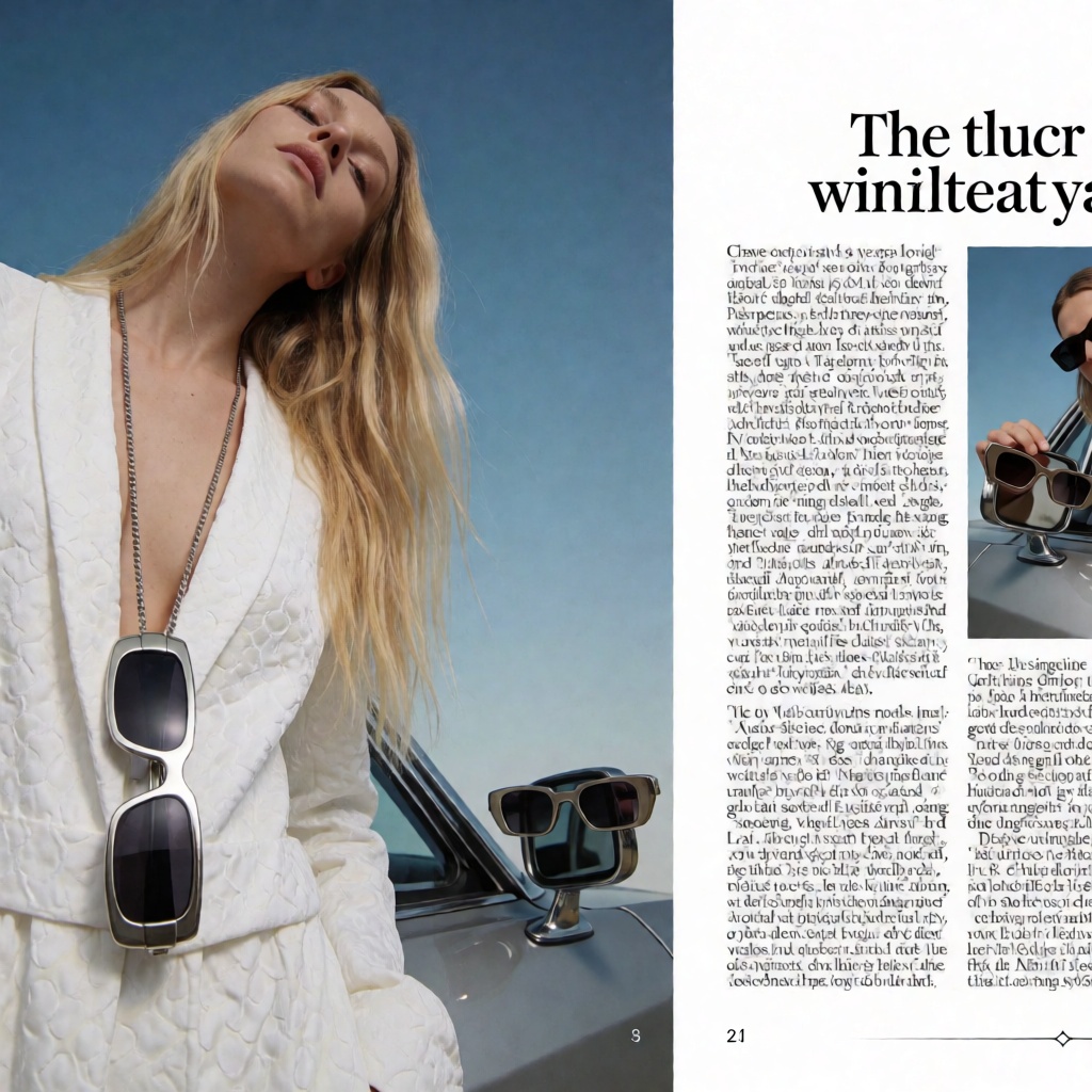 A fashion magazine spread with a full-bleed left-page photo,