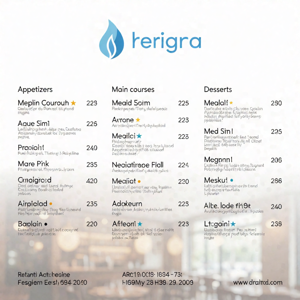 A restaurant menu layout with a logo header, three category 