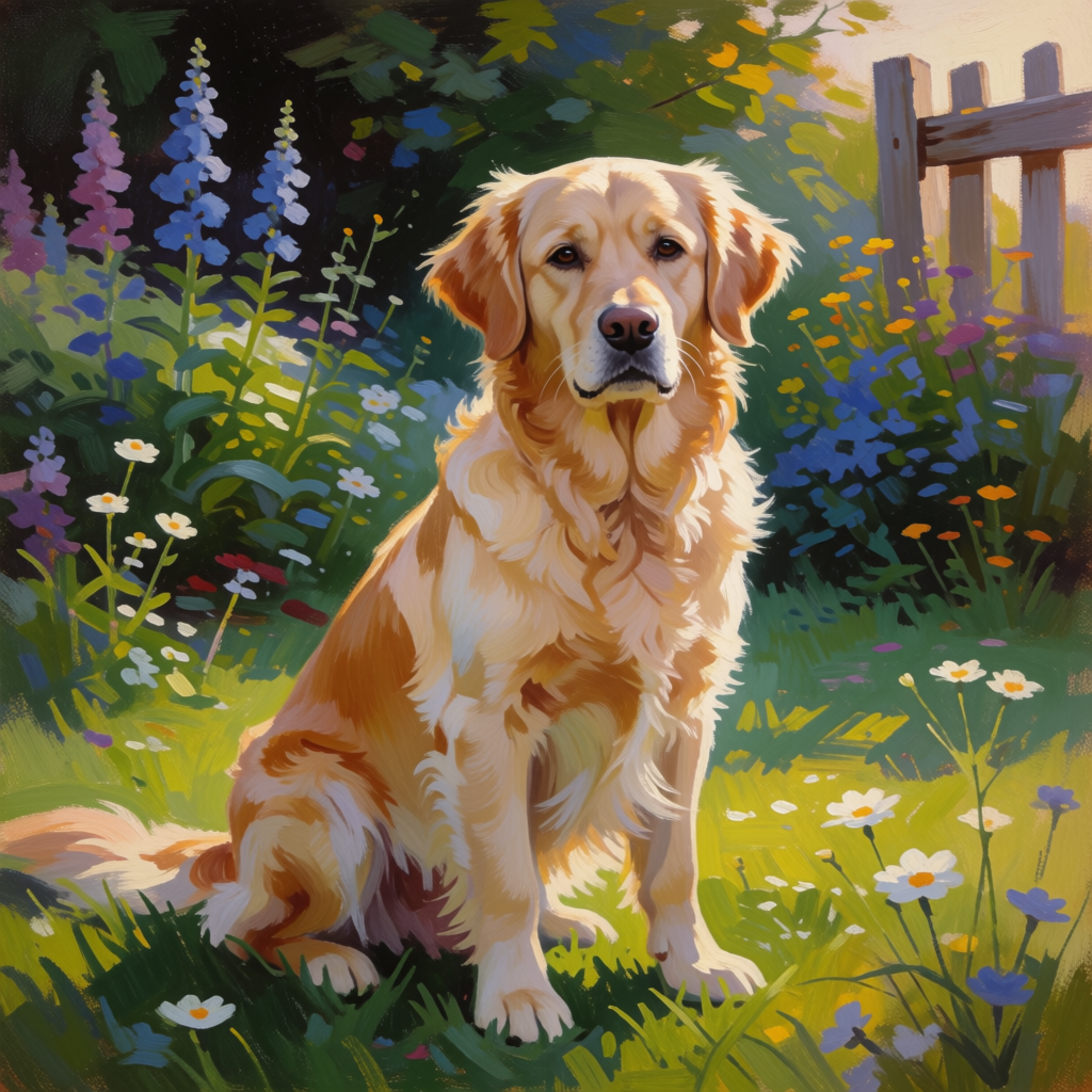 A golden retriever sitting in a garden, painted in the style