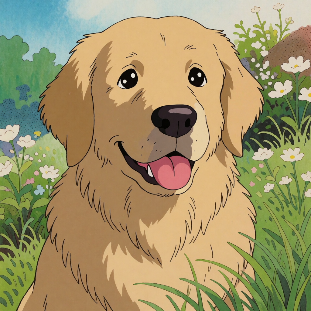 A golden retriever sitting in a garden, rendered in Japanese
