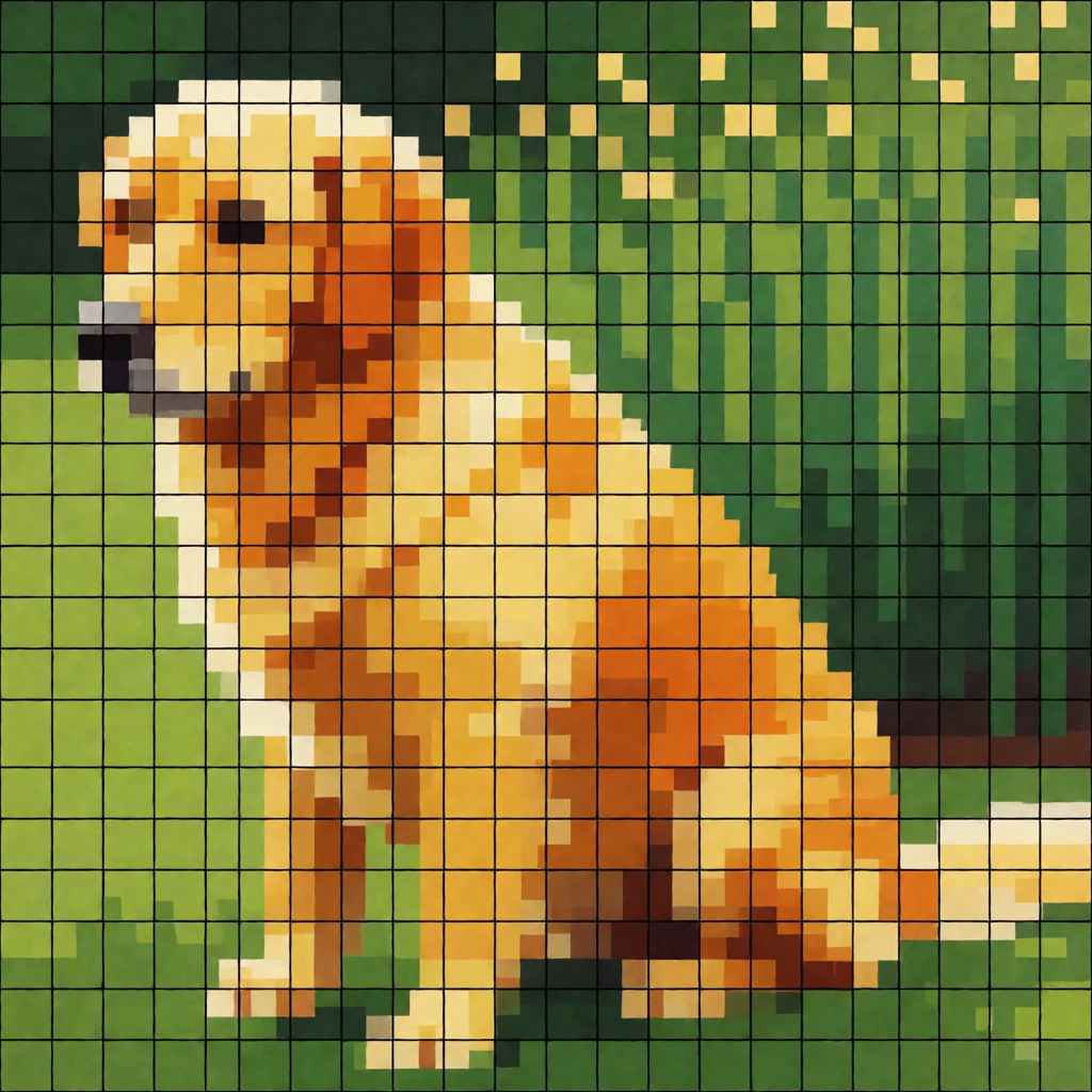 A golden retriever sitting in a garden, rendered in pixel ar