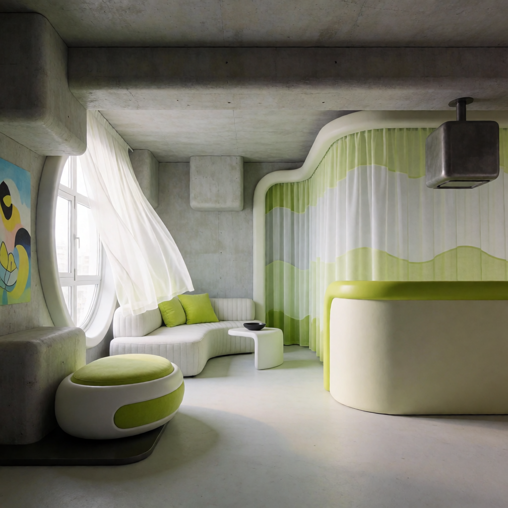 An interior scene rendered in soft brutalism — raw concrete 