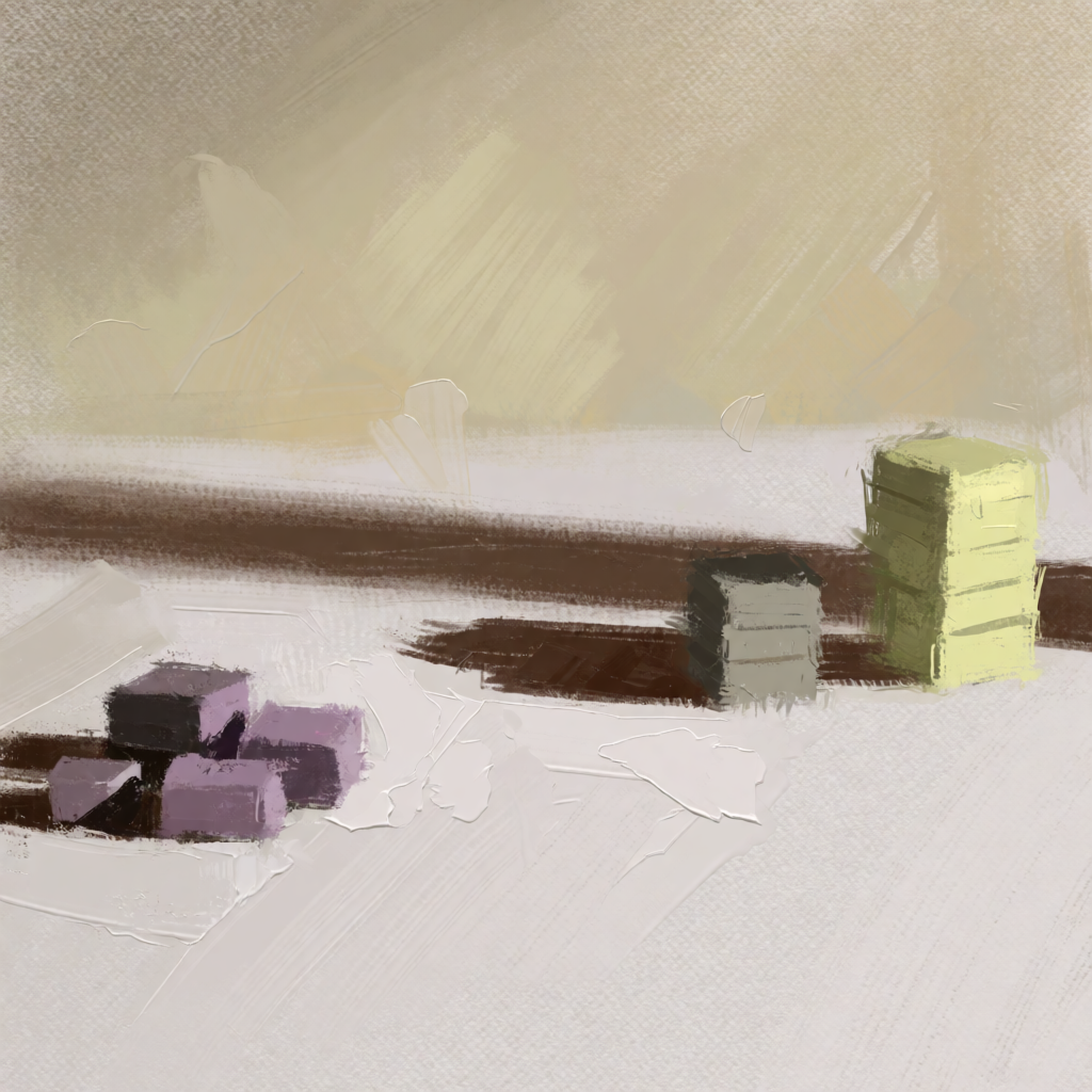 A still life painted in anxious minimalism — sparse composit
