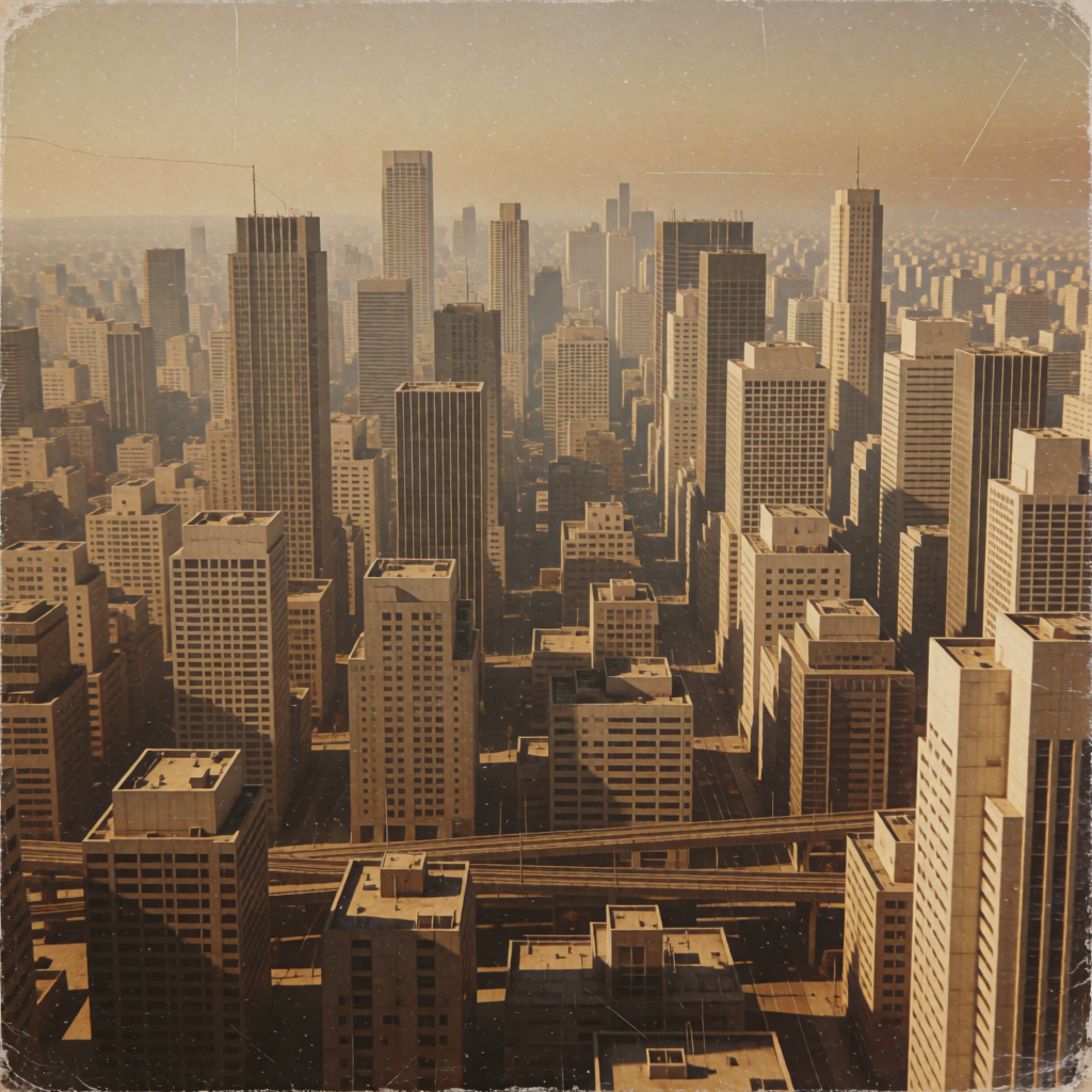 A cityscape rendered in nostalgic futurism — retro-futuristi