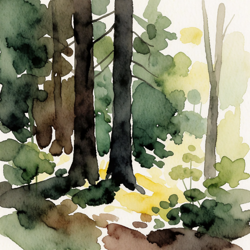 A forest rendered in photorealistic watercolor — the detail 