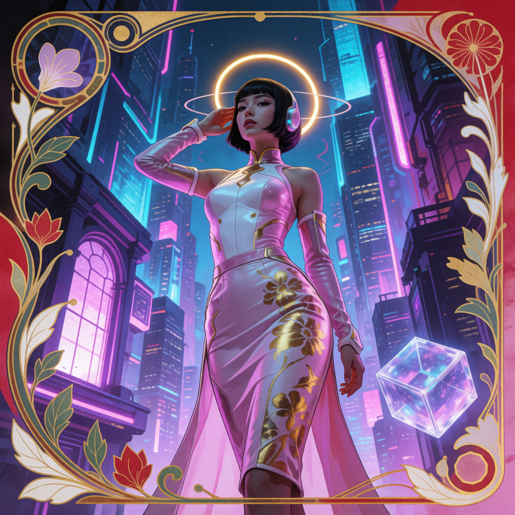 A woman in a futuristic city rendered in cyberpunk Art Nouve