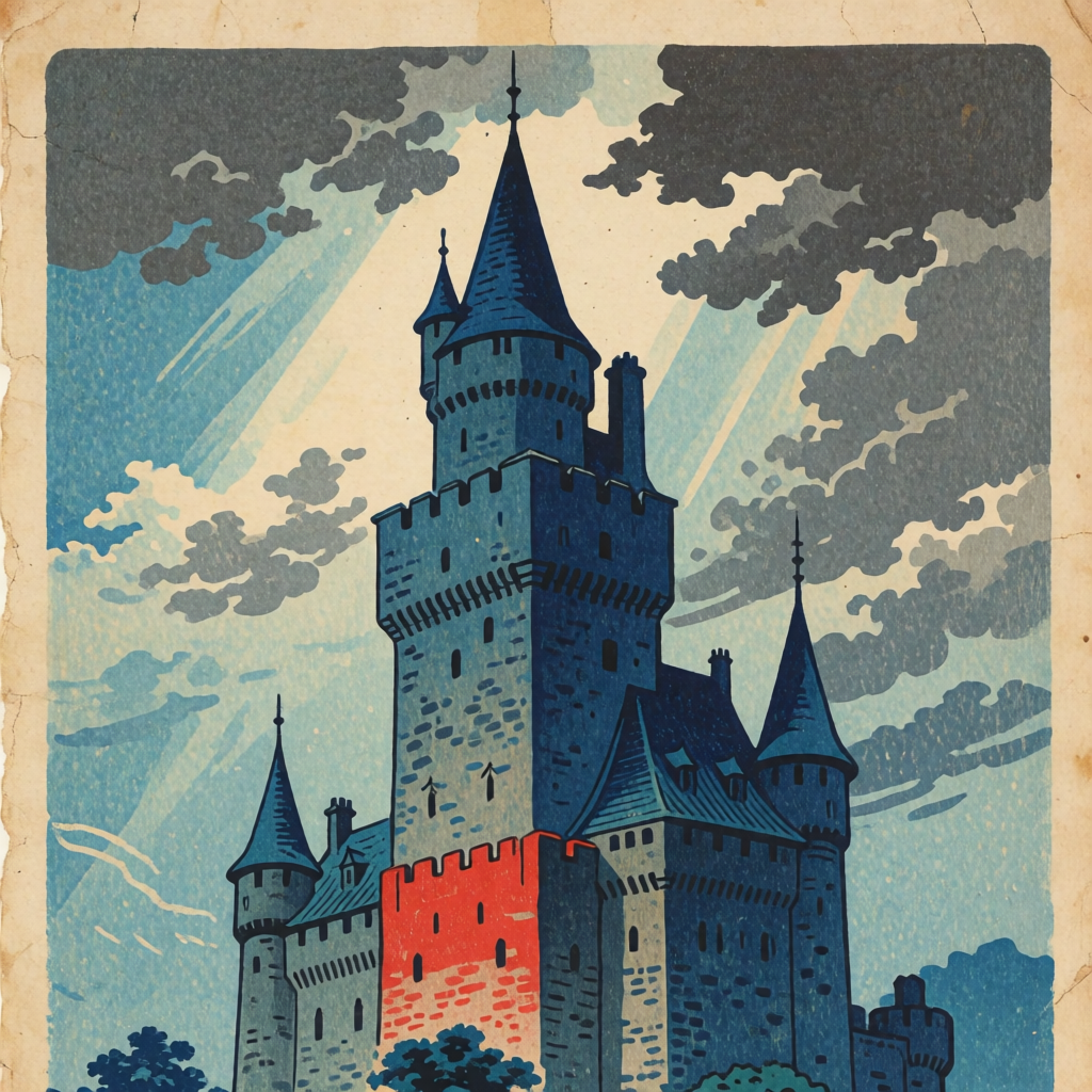A medieval castle depicted in Japanese ukiyo-e woodblock pri