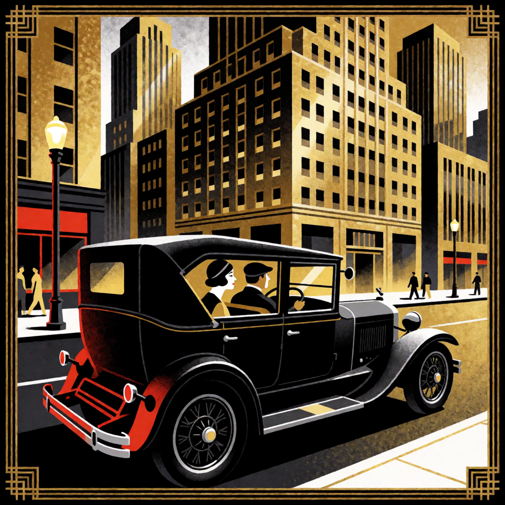A city street scene in the style of Art Deco — geometric sha