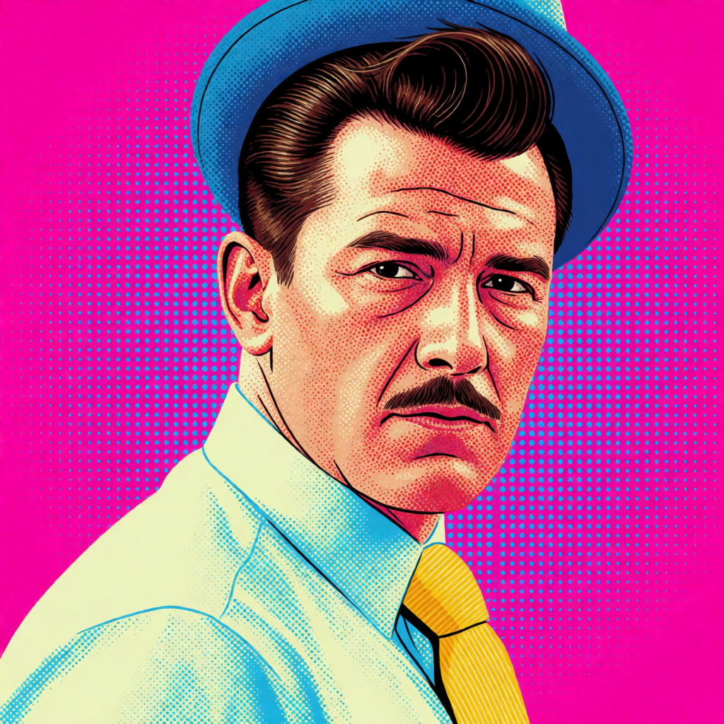 A portrait of a man in Pop Art style — bold outlines, Ben-Da