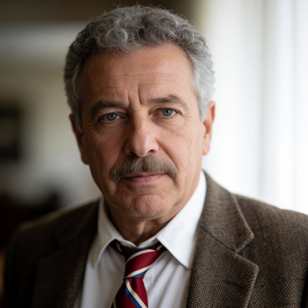 A portrait of a middle-aged man with a calm, serious express