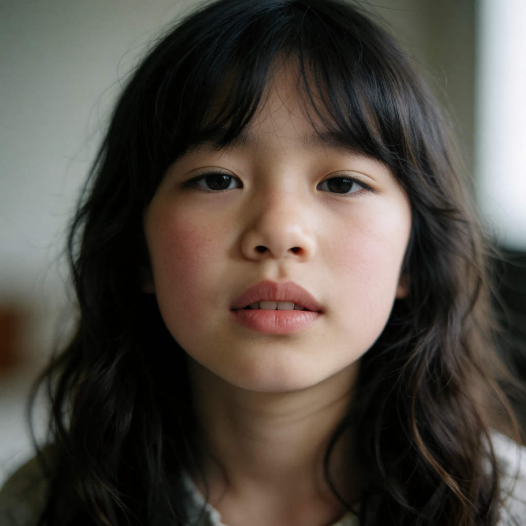 A headshot of a teenager with a relaxed, neutral face