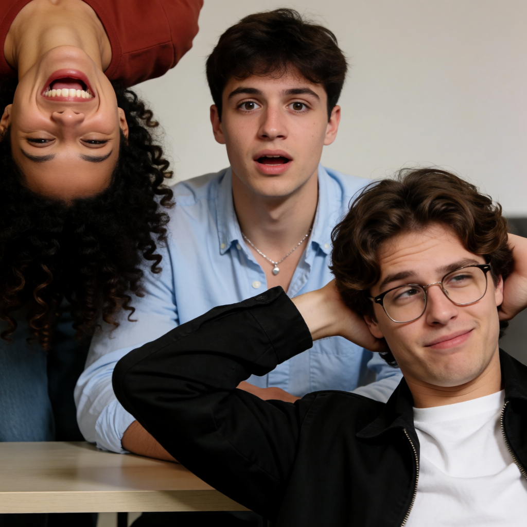 A group of three friends at a table: one laughing with head 