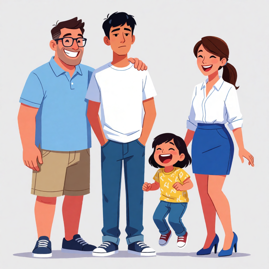 A family photo with four people: a father beaming with pride