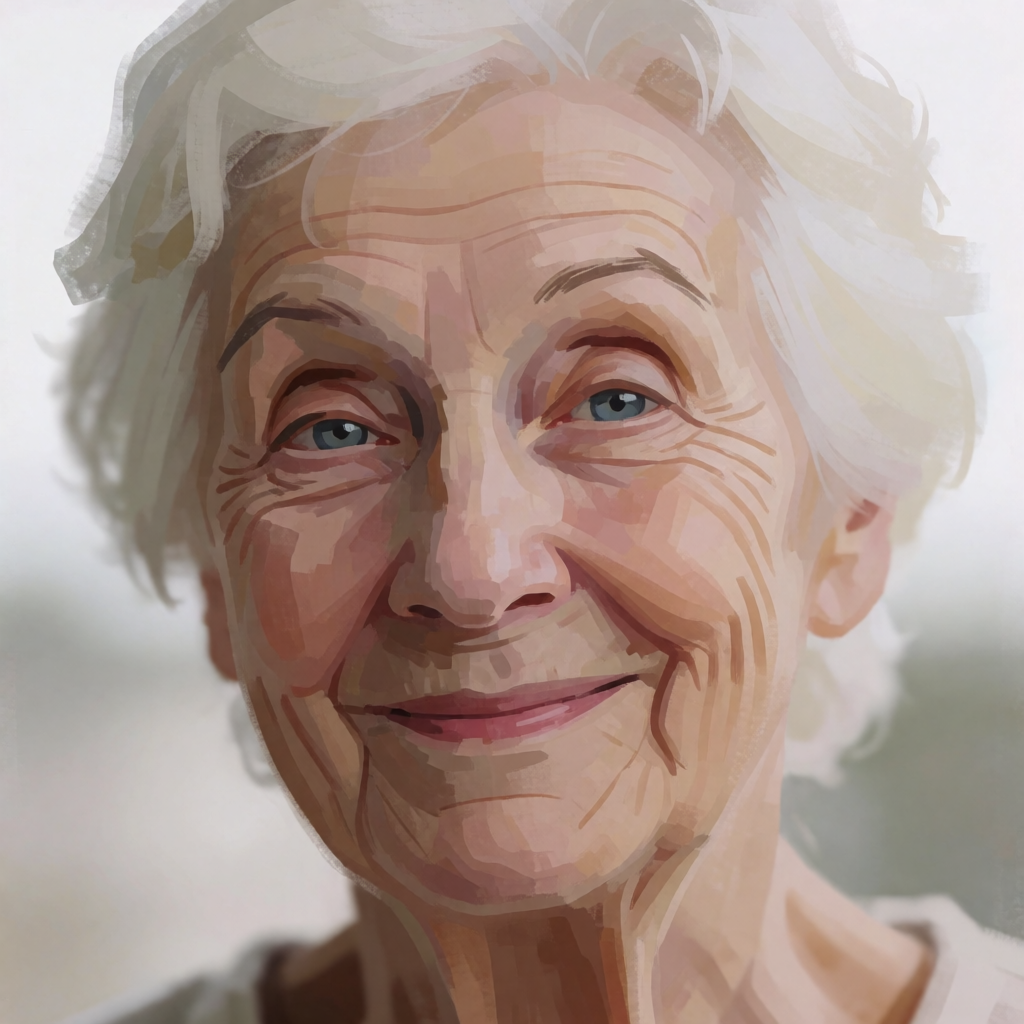 An elderly woman in her 80s with deep wrinkles and white hai