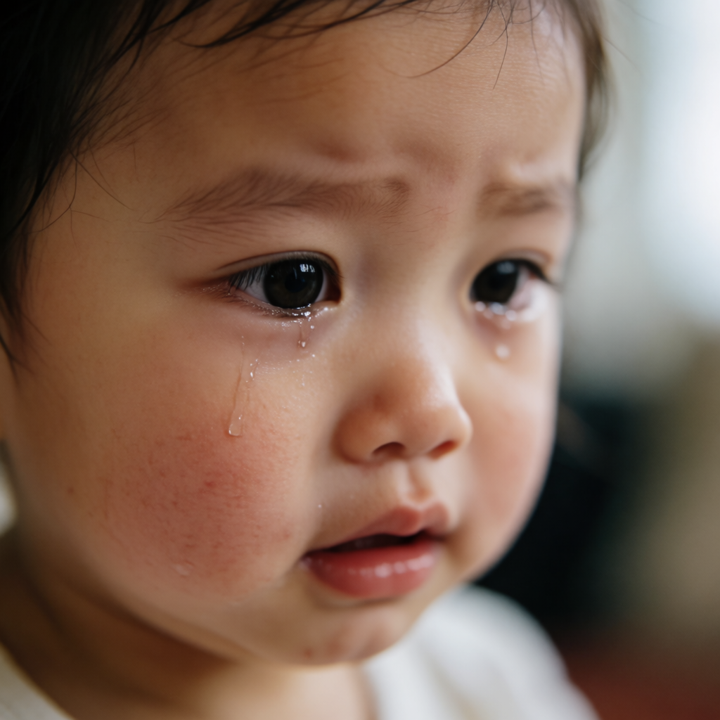 A 5-year-old child with round cheeks and large eyes, crying 