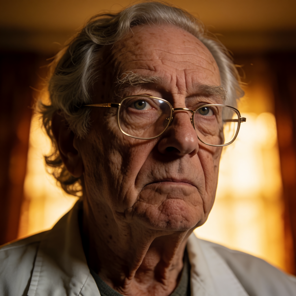 An elderly man in his 70s with age spots and thinning gray h