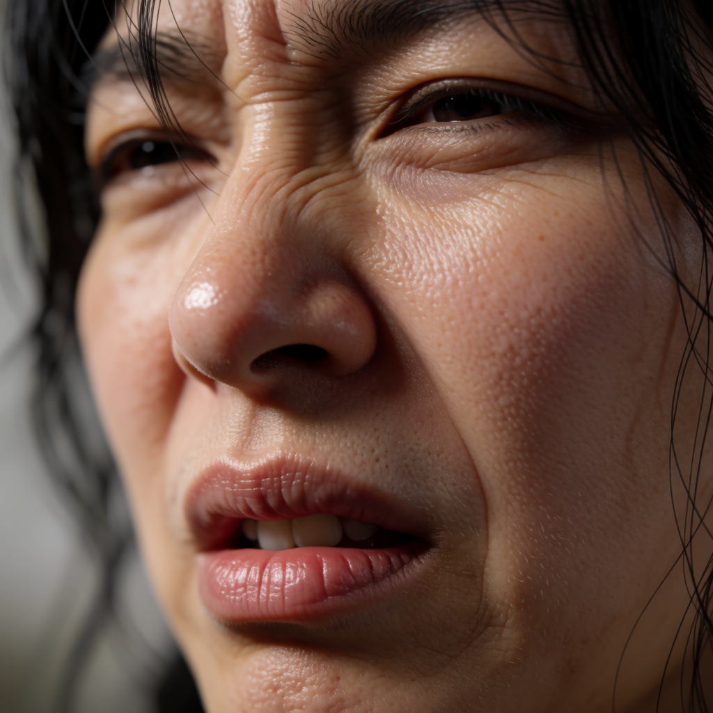 A close-up of a person's face showing clear disgust, nose wr