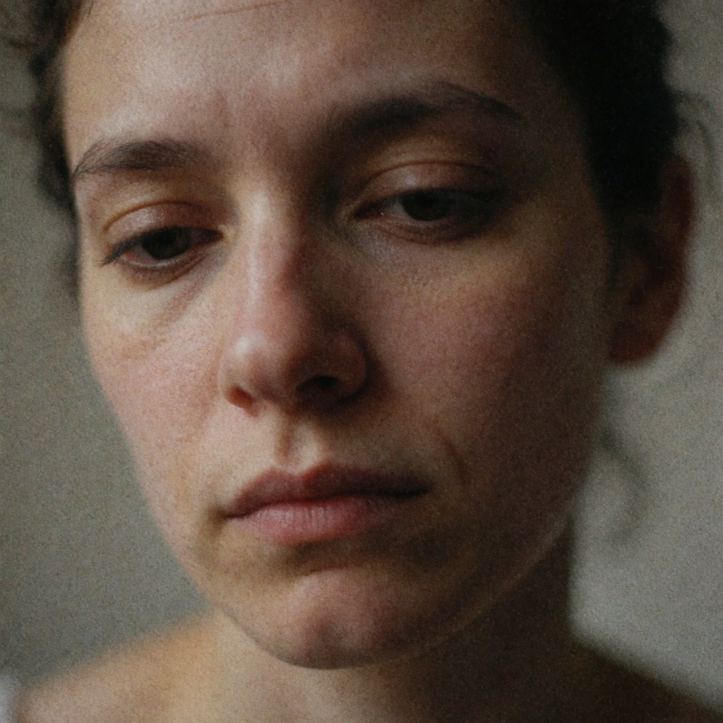 A face showing quiet melancholy — downcast eyes, slightly dr