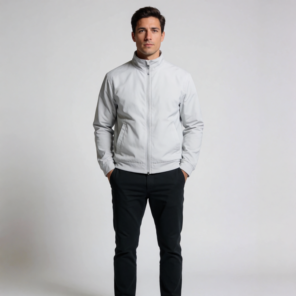 A man standing straight facing the camera, hands in pockets,