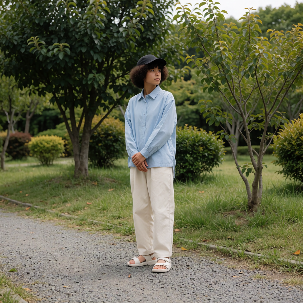 A person standing in a neutral pose in a park, full body vis
