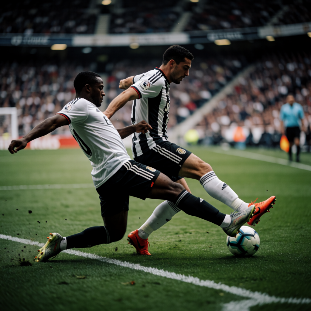 Two soccer players mid-tackle, one sliding and the other jum