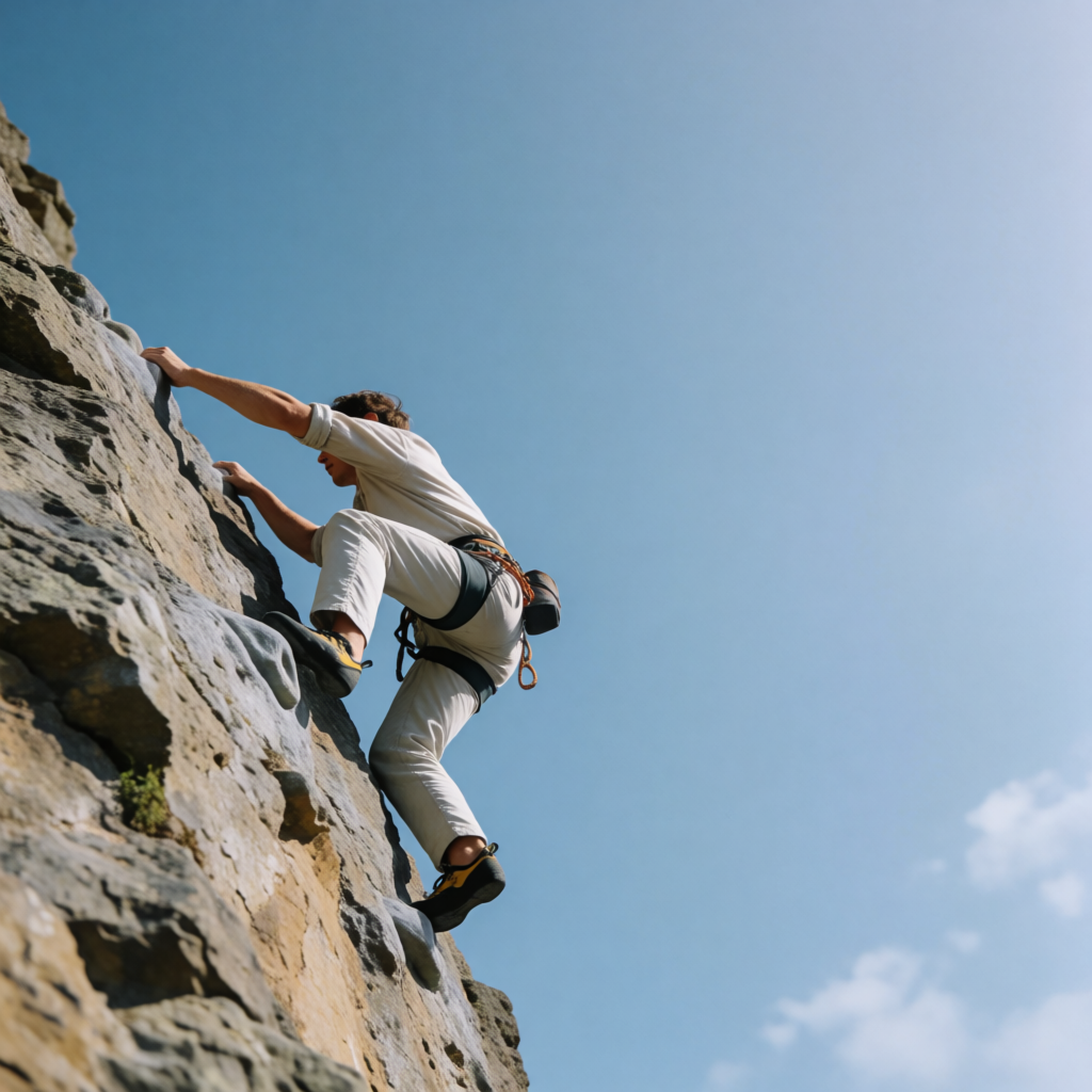 A rock climber clinging to a cliff face with arms and legs e