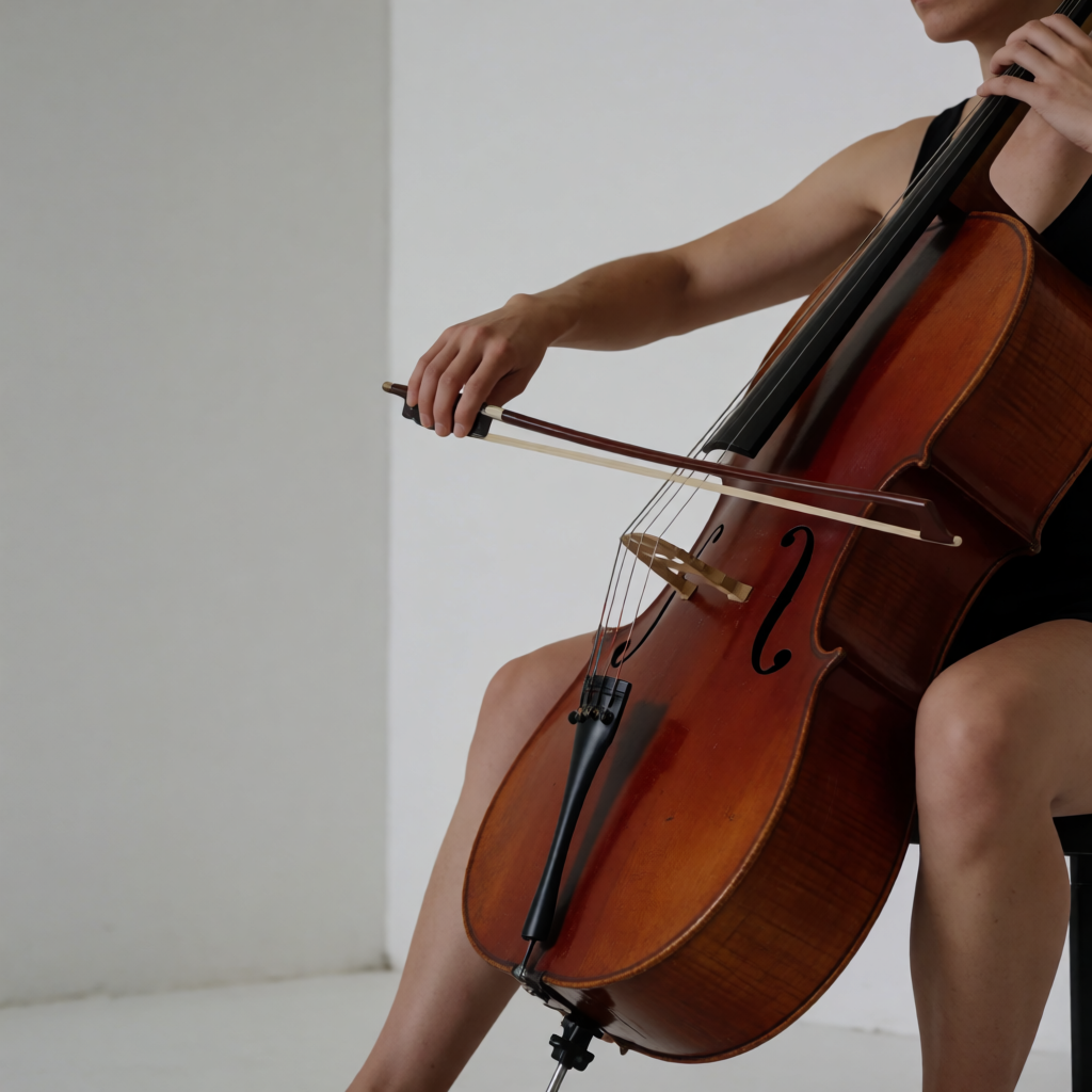 A cellist seated with correct posture, legs around the instr