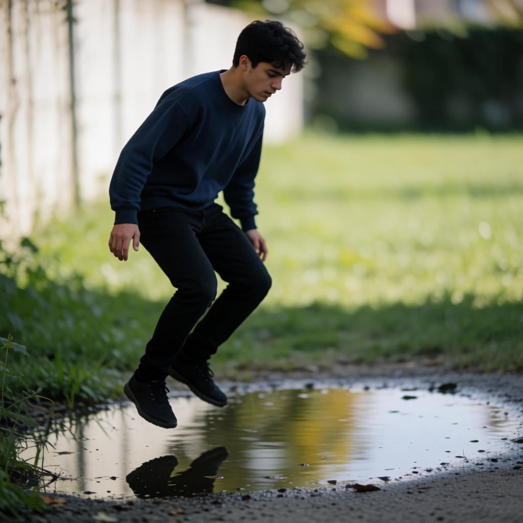 A man captured mid-jump over a puddle, body in the air with 