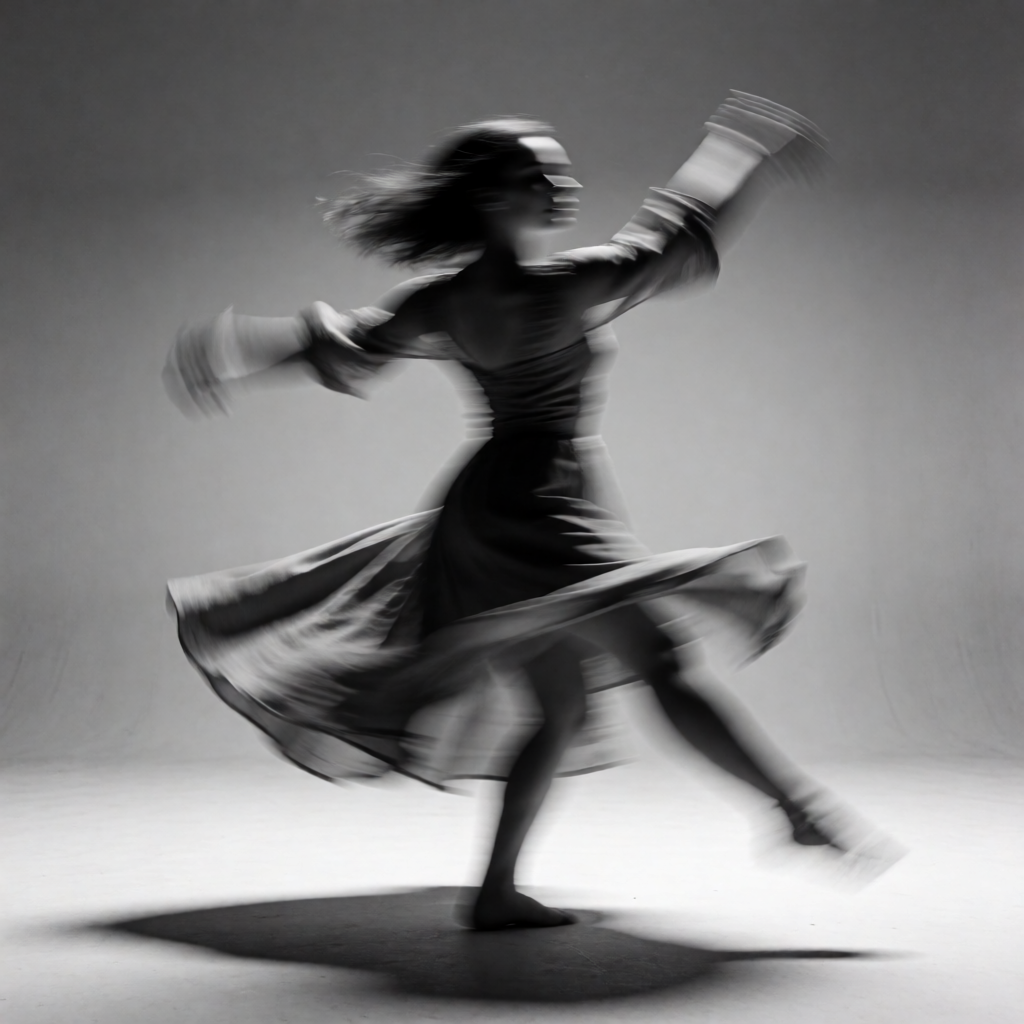 A dancer in a dynamic spin, dress flowing outward with one l