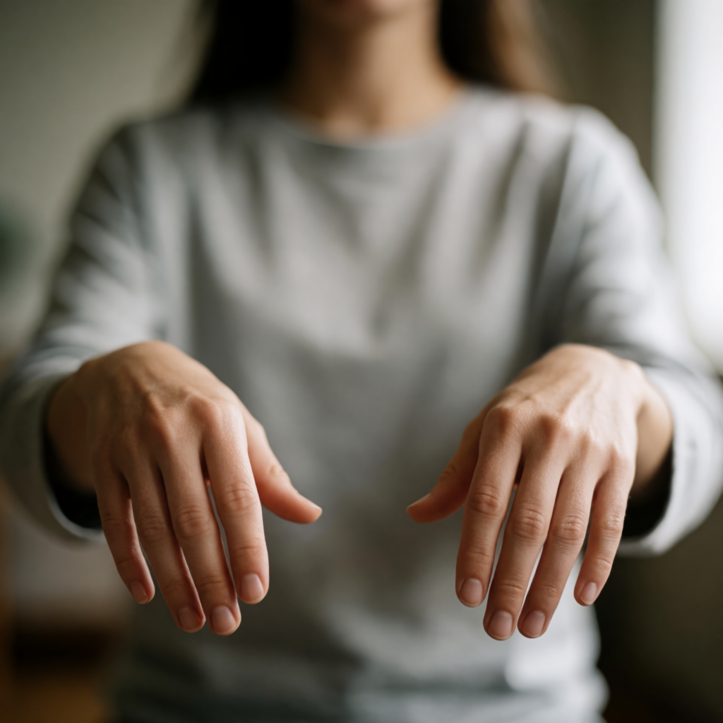 A person standing with both hands visible at their sides, fi
