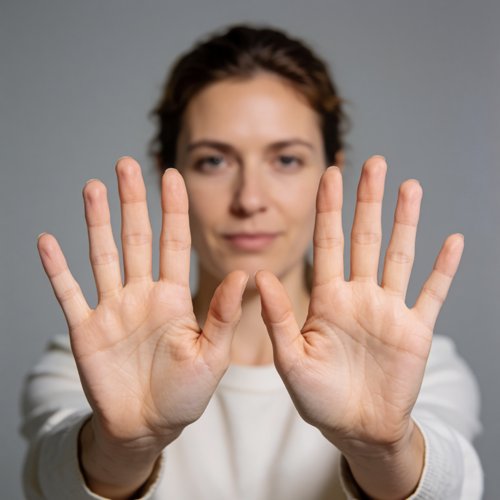 A woman holding her hands out in front of her palms-up, all 
