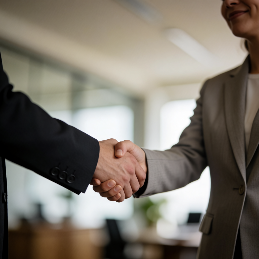 Two people shaking hands in a professional setting, all fing