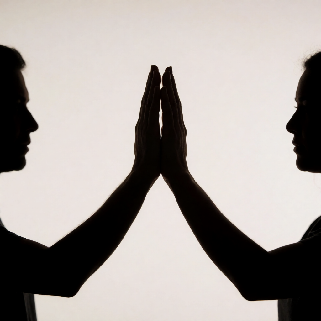 Two people doing a high-five, palms meeting with all fingers