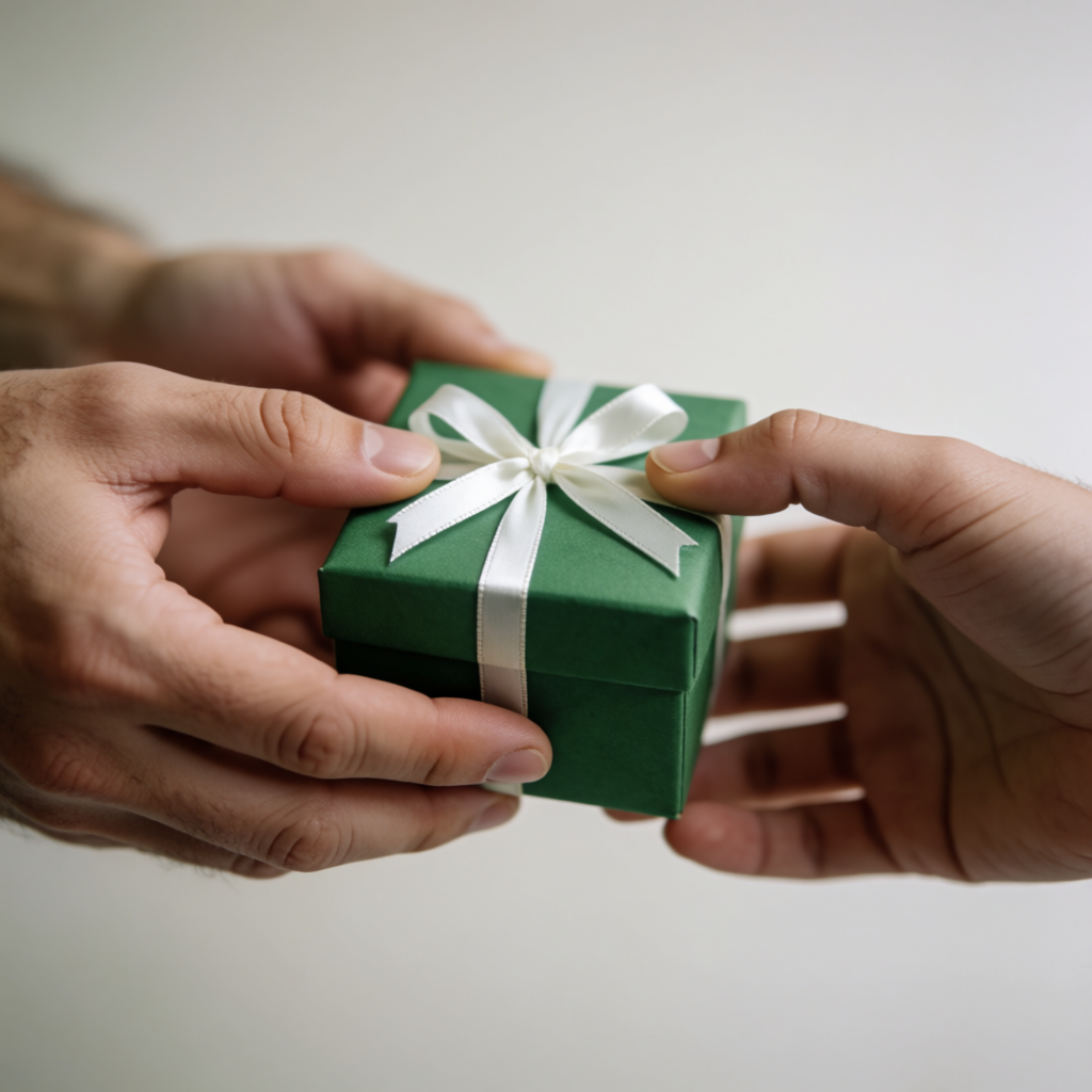 One person handing a small gift box to another person, both 