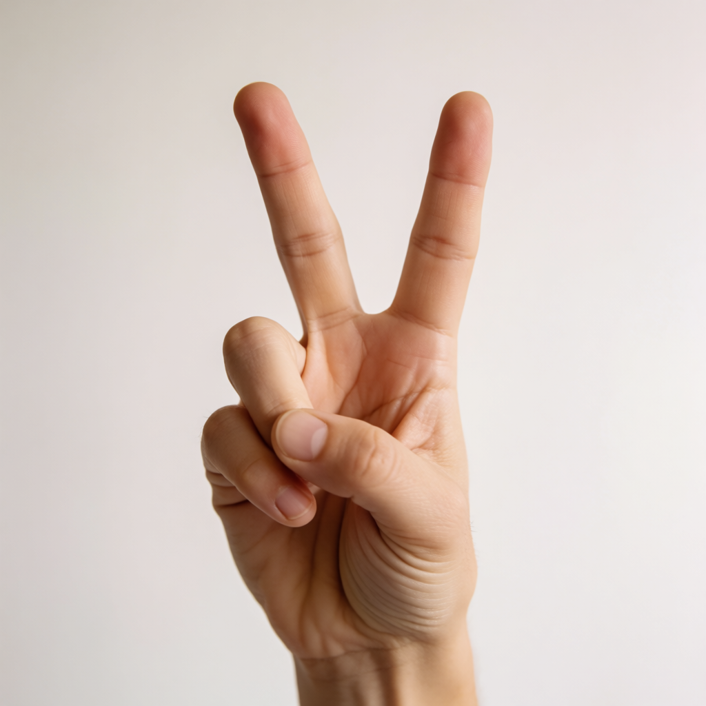 A person making a peace sign with their right hand, clearly 