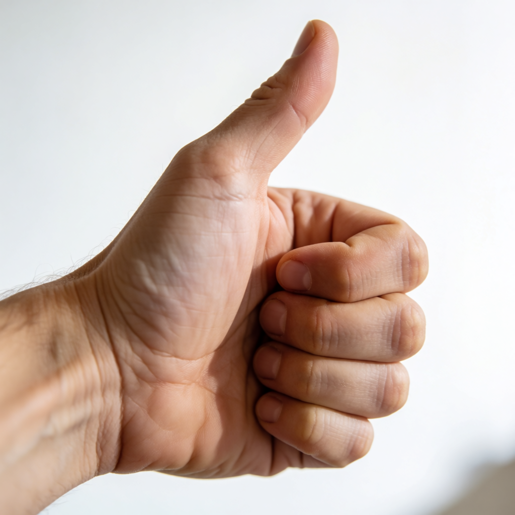 A hand giving a thumbs-up with four fingers curled and thumb