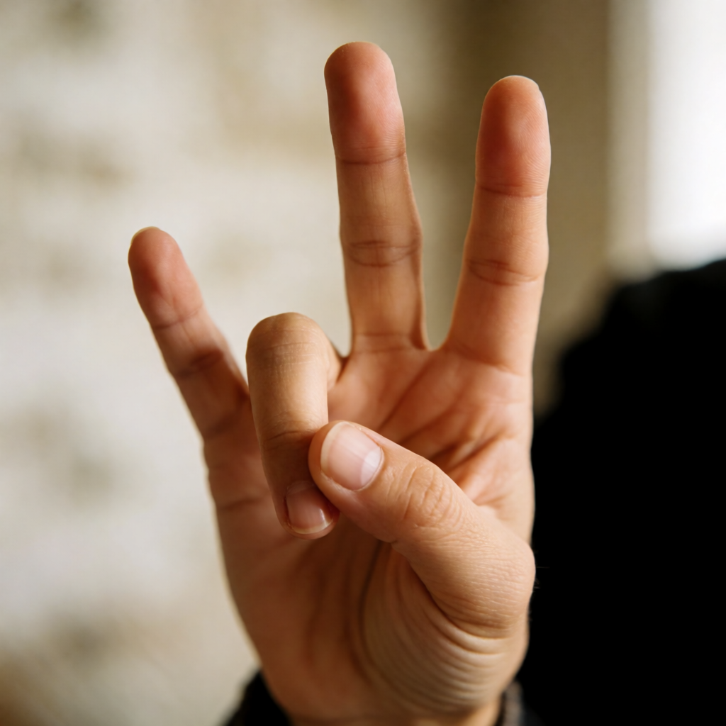 A person counting to three on their fingers, with index, mid